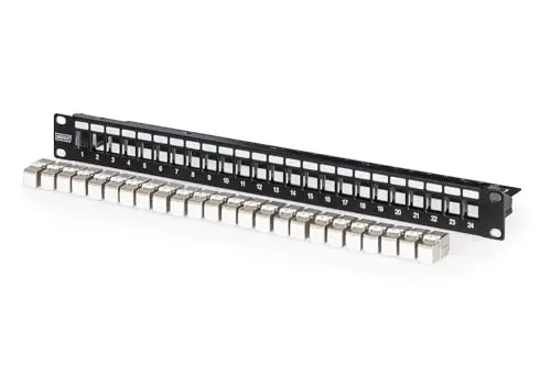 DIGITUS Kit de Panneaux de Brassage – 24 Ports – avec 24 modules Keystone DN-93615 – 500 MHz – Cat 6A – Montage en Rack dans Une Armoire réseau 19 Pouces – 1 U – Noir