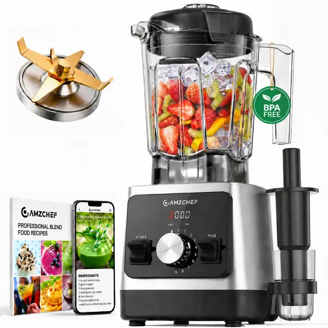 AMZCHEF Blender Électrique 1800W, Mixeur Haute Performance avec Bol 2L Tritan Sans BPA, 6 Lames en Acier Inoxydable Revêtement Titane, Smoothies, Glace Pilée, Shakes, Nettoyage Facile, Noir/Argent