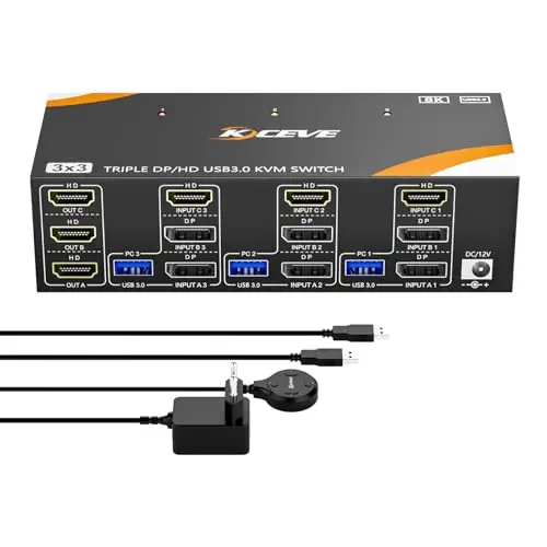 KVM Switch 3 PC 3 Moniteurs 8K@60Hz / 4K@144Hz, DisplayPort 1.4 HDMI 2.1 USB 3.0 KVM Switch Triple Monitor pour 3 PC Partage Souris, Clavier, Wired Remote(8K HD DP 3 in 3 out KVM)