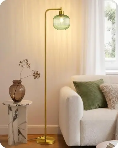 EDISHINE Lampadaire sur Pied Salon, Lampe Arquée avec Abat-Jour en Verre Bonbon Vert Menthe et Structure Métallique Dorée, Lampe de Lecture Moderne avec Ampoule LED E27 2700K, pour Chambre, Bureau