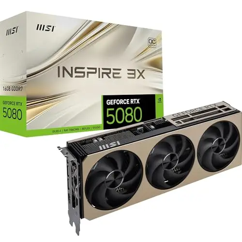MSI NVIDIA GeForce RTX 5080 16G Inspire 3X OC Carte Graphique 16 Go GDDR7 (30 Gb/s/256 Bits), Refroidissement à Triple Ventilateur (3 x STORMFORCE Fan) - HDMI 2.1b, DisplayPort 2.1b, SFF Ready