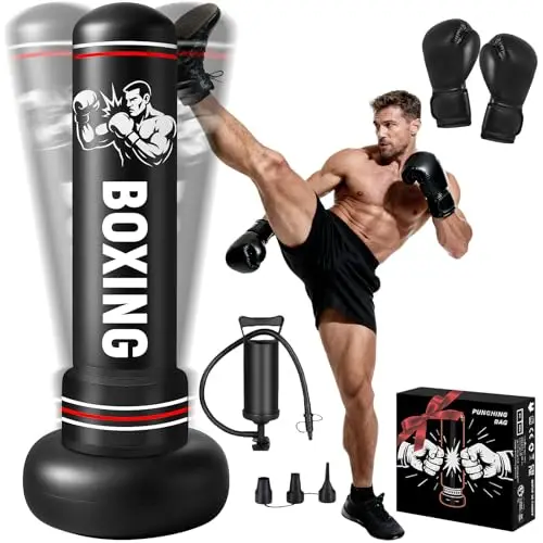 Sac de Frappe Adultes, 190cm Gonflable Punching Ball avec Gants Pompe à Air, Sac de Boxe sur Pied Enfants pour MMA Karaté Fitness Equipement de Boxe Idéal Cadeau Femmes et Hommes