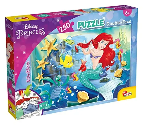 Lisciani, Puzzle pour enfants a partir de 7 ans, 250 pièces, 2 en 1 Double Face Recto / Verso avec le dos à colorier - Disney La Petite Sirene - 91706, Non Applicable.