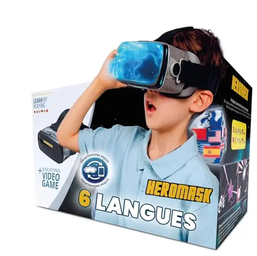 HeroMask Casque VR + Jeux Langues (Cadeau 5-12 Ans) — Transforme « Je suis Nul » en « J'adore Les Langues ! » : Écoute et Répète Premiers Mots Anglais, Espagnol, Chinois et Plus | Réalité Virtuelle