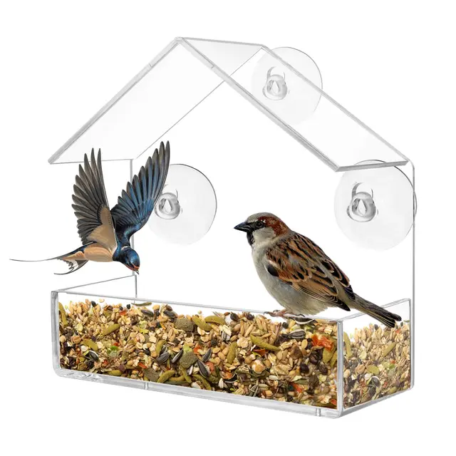 Mangeoire à Oiseaux pour extérieur, fenêtre avec ventouses puissantes, Transparent Bird Feeder Mangeoire à Oiseaux Sauvages pour Moineaux, Oiseaux Sauvages, 15 x 15 x 6cm