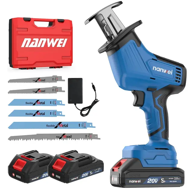 NANWEI Scie Sabre 20V Moteur Brushless Scie Sabre Sans Fil avec 2 Batteries et Chargeur Scie Électrique Variable avec 6 Lames de Scie pour Couper Le Bois (Avec 2 Piles)