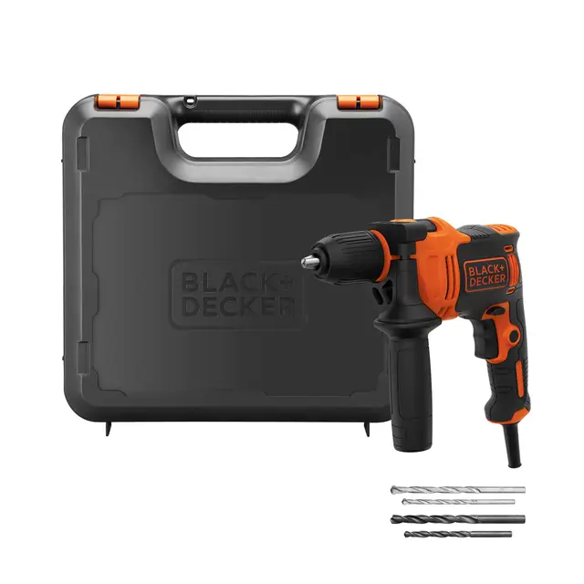 BLACK+DECKER Perceuse à percussion filaire haute performance de 710 W, 0-2800 tr/min, avec 4 forets et boîte de kit, BEH710K-QS