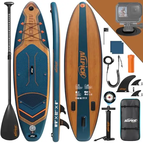 ALLPICK Paddle Gonflable, Kit de Padelsurf de Stand Up Paddle Sup Gonflable de 320 cm, avec Support Universel pour Caméra, Pagaie réglable, Débutants et confirmés, 200 kg