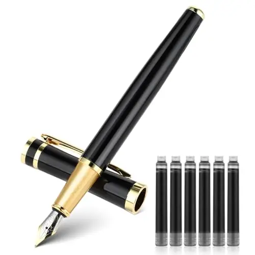 TIESOME Ensemble de stylo-plume de luxe en métal à pointe fine de 0,5 mm avec 6 cartouches d'encre noire de 2,6 mm, stylo d'écriture lisse, cadeau pour le travail, le journal, homme et femme