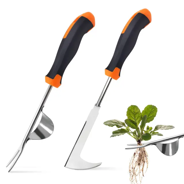 ROLLWAY 2 Pièces Désherbeur Manuel Acier Inoxydable Arrache Mauvaise Herbe,Arrache Pissenlit Couteau Désherbeur Désherbeurs Manuels Tire Racine Outils Jardinage Grattoir Jardin avec Manche