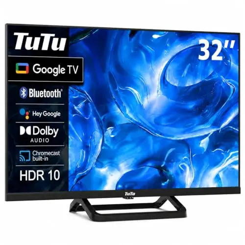 TuTu TUG32HQ1C Smart TV 32 Pouces (80 cm), Google TV avec WiFi, Bluetooth, Triple Tuner(DVB-C/S2/-T2), Google App Store, Molotov, Netflix, Prime Video, Disney+, Youtube