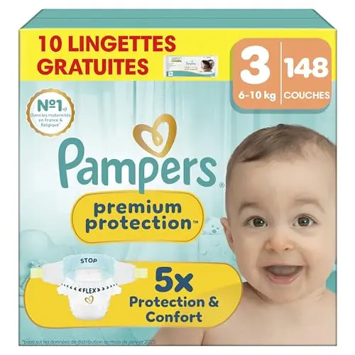 Pampers Premium Protection Taille 3, 148 Couches, 6kg-10kg, Notre N°1 Pour La Protection De La Peau Et Contre Les Fuites, Pack 1 Mois + 10 Lingettes Aqua Soft Touch Offertes
