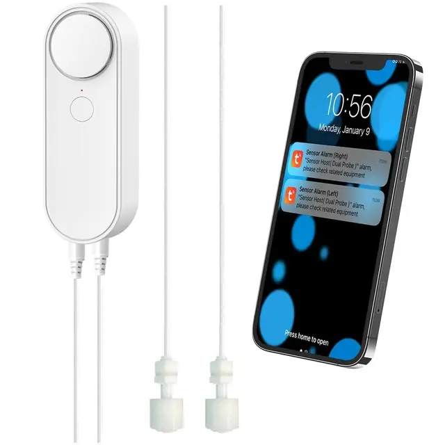 Détecteur de Niveau d'eau WiFi, Alarme Intelligente de capteur d'eau, câble de détection Double séparé 5M, Surveillance d'application à Distance, Double Alarme, Alimentation par Batterie AAA