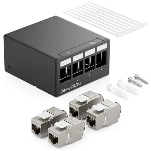 deleyCON Panneau de Brassage 4 Ports Kit Panneau de Distribution 1U + 4x RJ45 Modules Keystone Jack STP CAT6a Compatibles avec Câble Fixes CAT5 CAT6 CAT6a CAT7 Câbles Réseau Ethernet LAN DSL- Noir