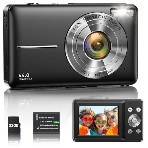 Appareil Photo Numérique 1080P 44MP Caméra Vlogging pour Enfants Ados, FHD Compact Portable avec Écran 2,4" Zoom 16X, Mini Caméra Anti-secousse pour Débutants Étudiants-Noir