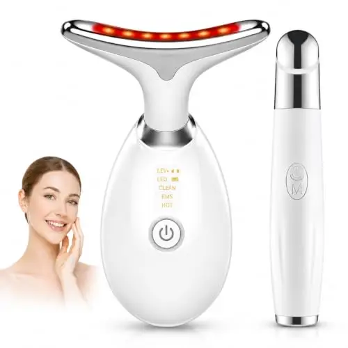 Appareil Anti Rides Visage & Cou EMS 7 LED + Masseur Oculaire Inclus – Lifting Visage, Double Menton, Poches & Cernes – 3 Modes EMS et Chaleur 45°C