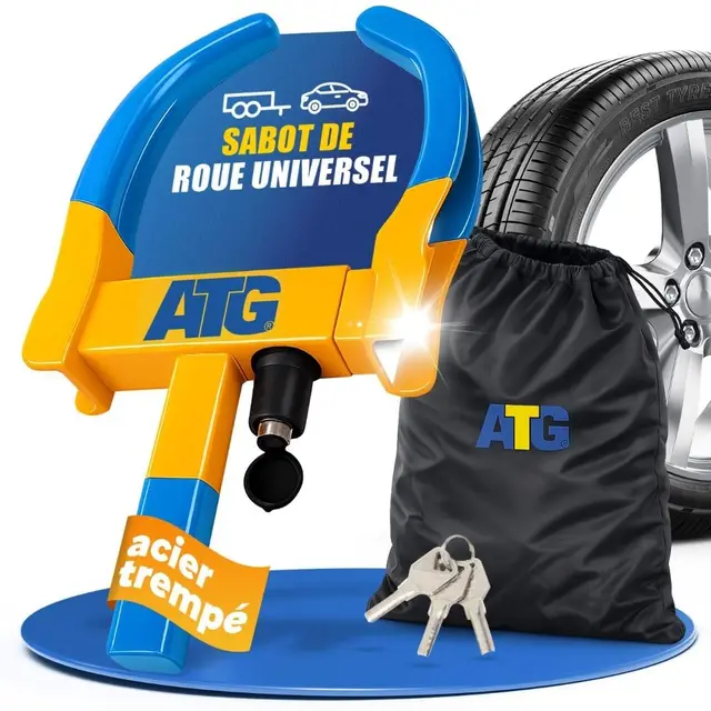 ATG Sabot de Roue Voiture & Remorque – Antivol Roue Universel pour Auto, Caravane, Camping-car, Moto – Bloque Roue Sécurité Pneus 18–28 cm