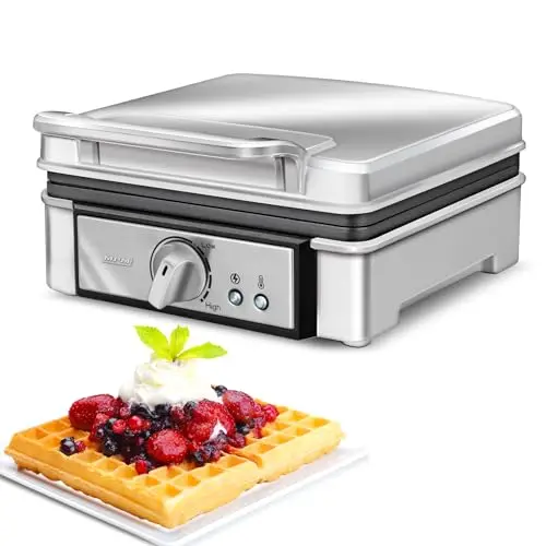 MPM MGO13 Gaufrier Professionnel pour 2 Gaufres Belges Épaisses, Plaques Antiadhésives, Régulateur de Température, Boîtier en Acier Inoxydable, 1400W