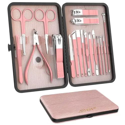 ZIZZON Set de manucure 18 en 1 Set de pédicure professionnel Ciseaux à ongles Kit de toilettage avec étui de voyage en cuir rose