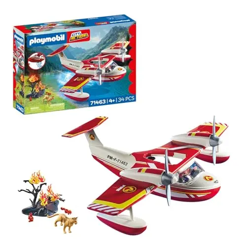 Playmobil 71463 Hydravion avec Pompier - Action Heroes - avec Un Personnage, des Animaux, Un Avion Anti-Incendie avec Fonction d'extinction et Une fôret en feu - Ville & Métiers - Dès 4 Ans
