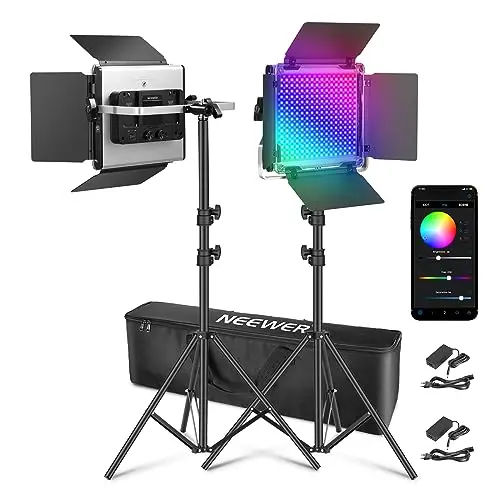 NEEWER 2X amélioré 660 PRO II 50W RVB LED panneau d'éclairage vidéo ensemble trépied avec contrôle par application lumière vidéo 360 ° lumière vidéo photo couleur/CRI97 +/3200K ~ 5600K