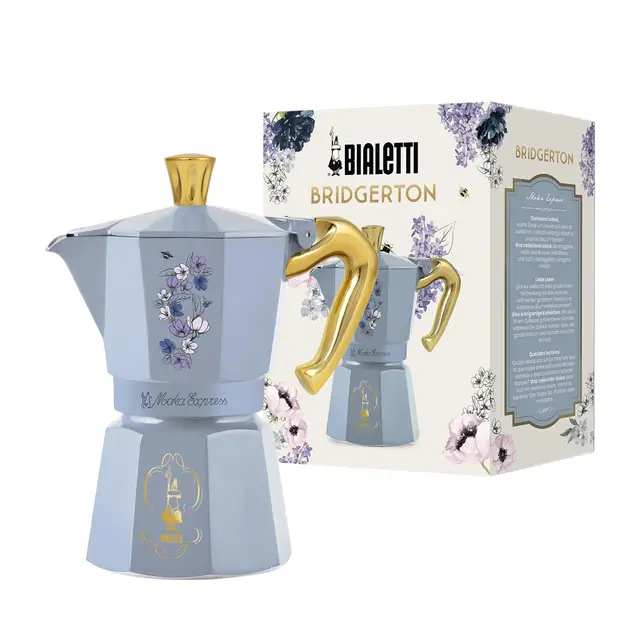 Bialetti Moka Express Bridgerton 6 tasses, Poignée antibrûlure, Ne convient pas à l’induction, 6 tasses (270ml), Aluminium
