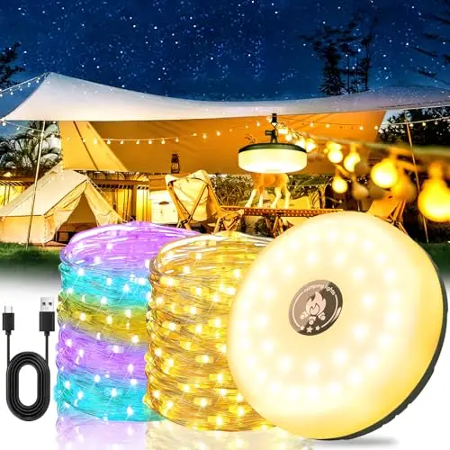 Guirlande Lumineuse De Camping, 10m Guirlande Camping Rechargeable, 8 Modes D'éclairage, 2000mah, Dure Jusqu'à 12 Heures, Lampe Camping, Rgb Guirlande Lumineuse, Camping Car Accessoires