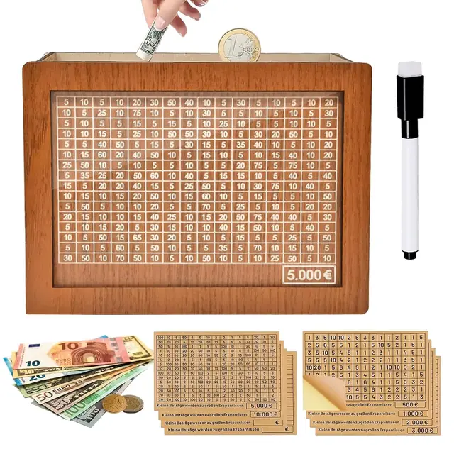 Tirelire en Bois Avec Compteur - Réutilisable et Rétro Pour Objectif D'économie - Aide à l'Habitude D'épargner Pour Adultes et Enfants (5000ou)