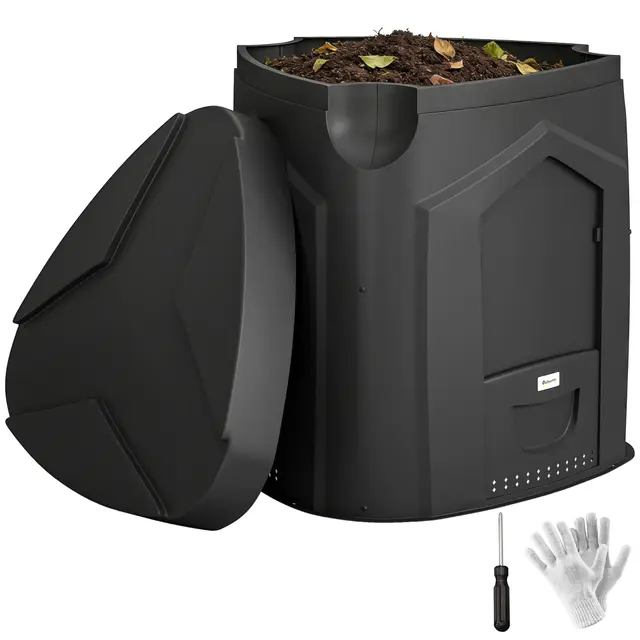 Outsunny Composteur de Jardin, 240L, bac à Compost extérieur, Triangulaire, 78 x 75 x 78 cm, en polypropylène, avec 3 Portes, 66 Aérations et Fond Ouvert, Inclus Gants et Tournevis, Noir