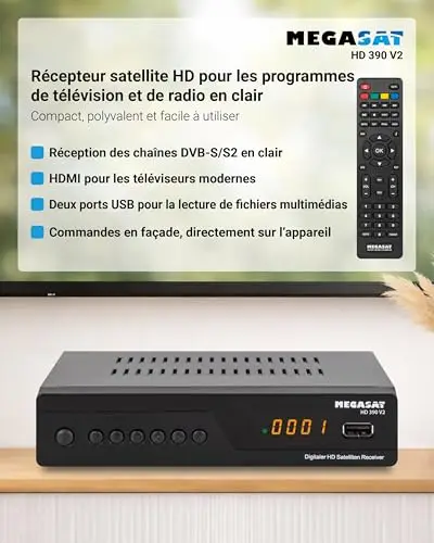 Megasat HD 390 – Récepteur Satellite HD (DVB-S/DVB-S2, Lecteur multimédia, HDMI, Péritel, 2 × USB, écran) – Noir
