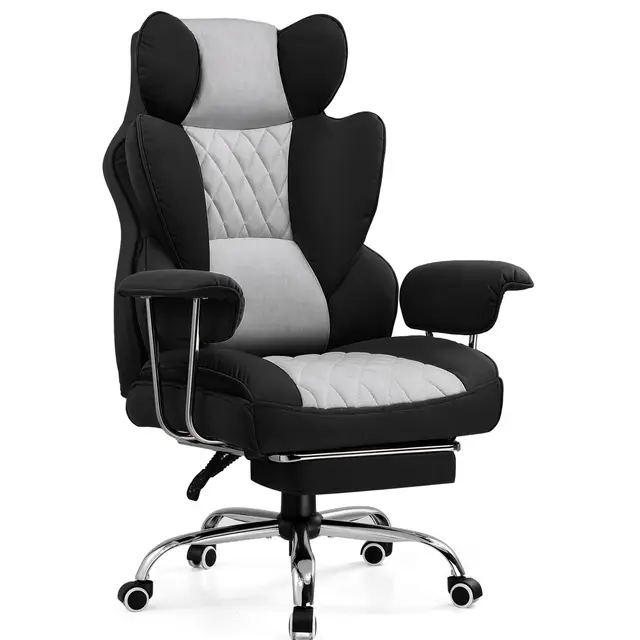GTPLAYER Chaise Gaming, Bureau Soutien Lombaire Ressorts, siège Large accoudoirs Souple, Repose-Pieds, Hauteur réglable, Supporte 180 kg, Noir-Gris