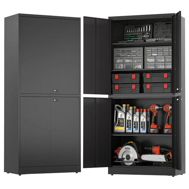 Armoire de Rangement Garage, Meuble Metallique, Armoire de Garage à 5 Étagères avec 4 Portes, Étagères Réglables, 2 Serrures, 40 x 80 x 180 cm, Noir (Noir)