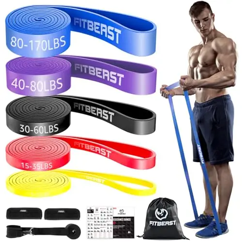 Ensemble Bandes Résistance FitBeast, Bandes Traction 5 Niveaux pour Entraînement Poids Corps, Powerlifting, Prise Masse, Entraînement Maison, Étirement, Étirement avec Ancrage Porte (5-170 LBS)