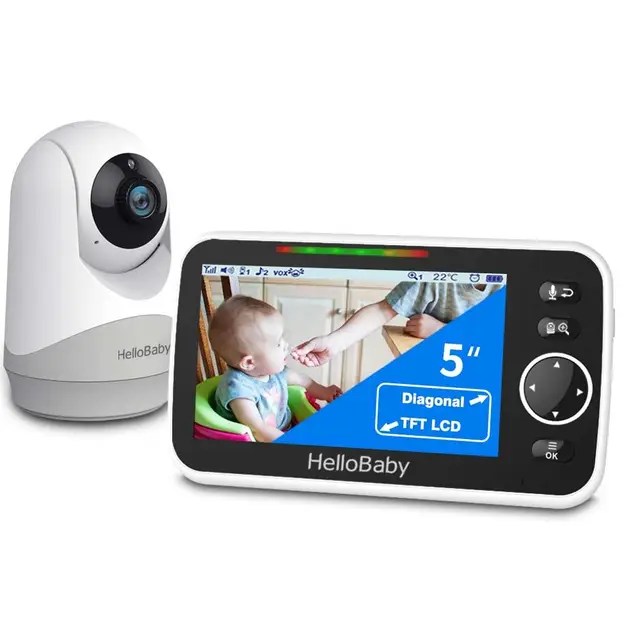 HelloBaby Moniteur avec Caméra et Audio, Écran Large de 5'' avec Batterie 3500mAh, Caméra Rotative et Zoom à Distance, Communication Bidirectionnelle, Mode Éco, Vision Nocturne Automatique