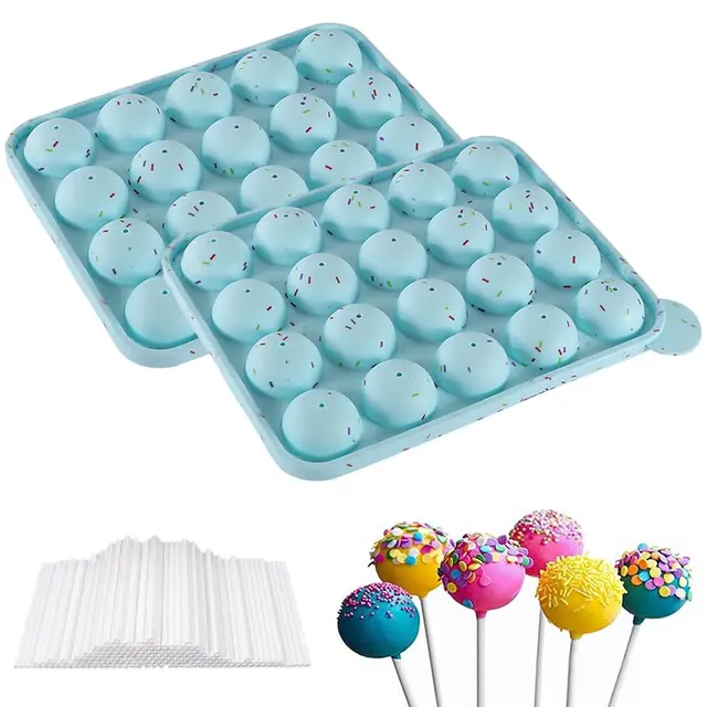 Cake Pop - Moule à sucettes - Avec 100 bâtonnets à cake pop - 20 sucettes rondes - En silicone - Pour bonbons, cupcakes, gelée - Bleu