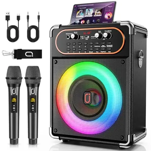HWWR Karaoke 2 Micro sans Fil, 500W Puissance Enceinte Micro Complet Portable avec Lumières LED, Karaoke Professionnel Autonomie 24h, Système PA Machine karaoké Prend en Charge TWS/USB/Carte TF/AUX