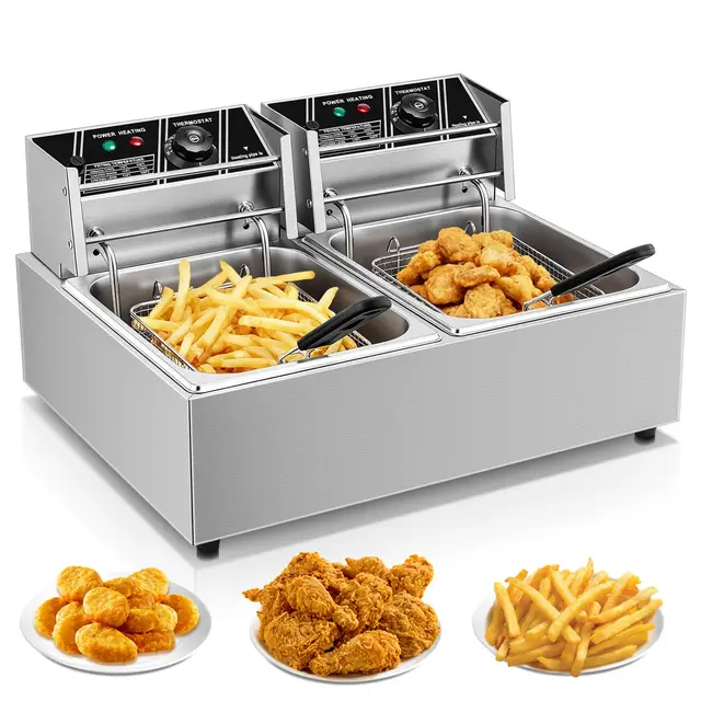 Friteuse Electrique Commerciale FOHERE, Friteuse Double de 21,6L avec Panier, Temperatura Regolabile da 60 a 200°C, Friteuse en Acier Inoxydable de 3400W pour Utilisation en Cuisine et Restaurant