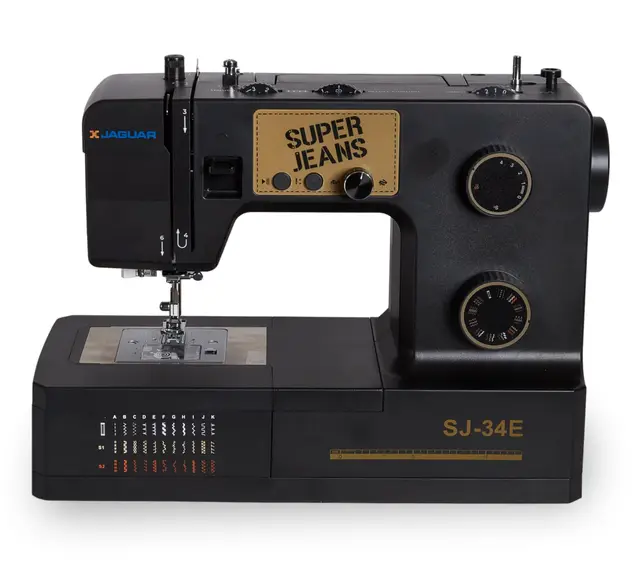 Jaguar SJ-34E Machine à Coudre Robuste Super Jeans | 34 Points | Électronique | Table d'Extension | Enfile-Aiguille Auto | Canette à Insérer | Moteur Servo | LED | Bras Libre | Pour Tissus Épais