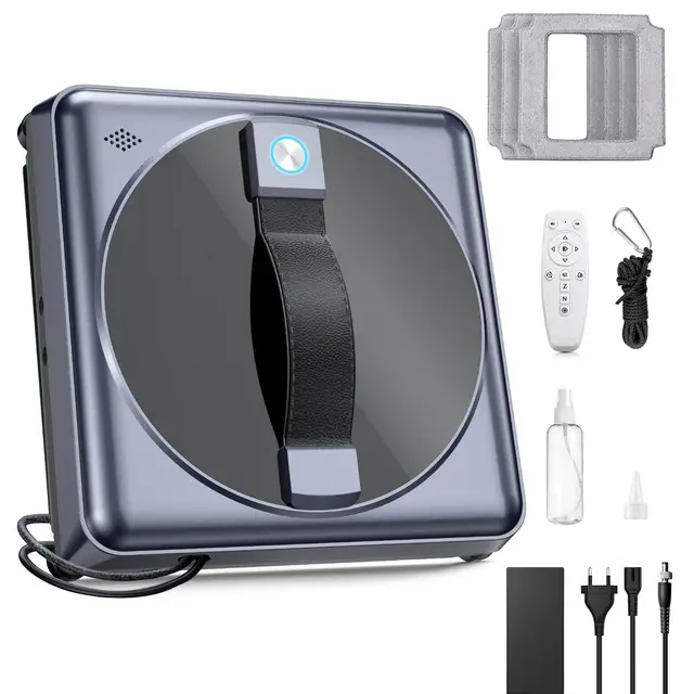 Robot Laveur de Vitre, 5000Pa Robot Laveur de Vitre avec Navigation Intelligente, 3 Modes de Nettoyage, Télécommande et 4 Chiffons de Nettoyage, pour Toutes Surfaces Lisses