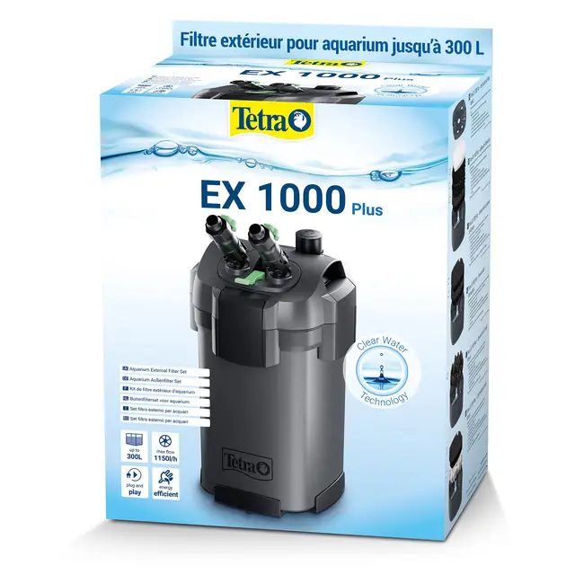 TETRA EX 1000 Plus - Filtre Extérieur pour tout type d’aquarium jusqu’à 150 à 300L – Performant, puissant, silencieux – 5 types de filtration – Fonction de préfiltration - Garantie 3 ans