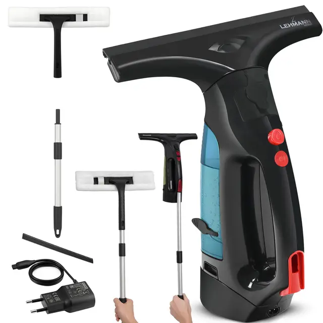 LEHMANN Nettoyeur de Vitres sans Fil avec Raclette Supplémentaire, Aspirateur de Fenêtre 25 cm, Lave Vitre Électrique avec Pulvérisateur, Lance Télescopique & Microfibre