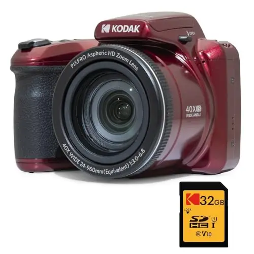 KODAK Pack Bridge Numérique Pixpro Astro Zoom AZ405 + Carte SDHC Kodak Ultra High Speed U1 32GB - Appareil Photo 20 Mégapixels, Zoom X40, Grand Angle, LCD, Vidéo Full HD 1080p, OIS, Pile AA - Rouge