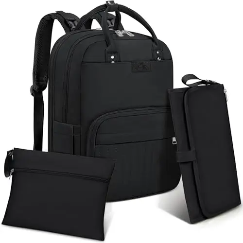 RAINSMORE Sac a Langer Bebe Grand Sacs à Dos à Langer avec 1 Matelas à Langer et 2 Sangles de Poussette Sac à Langer avec Sac Isotherme Unisexe Noir