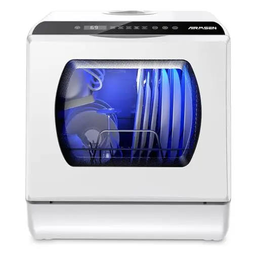 AIRMSEN Mini Lave-Vaisselle de Comptoir, 5+1 Programmes, Réservoir d'Eau de 5L, Contrôle Tactile et Écran LED, Adapté pour les Cuisines Familiales, Appartements et Dortoirs, Blanc