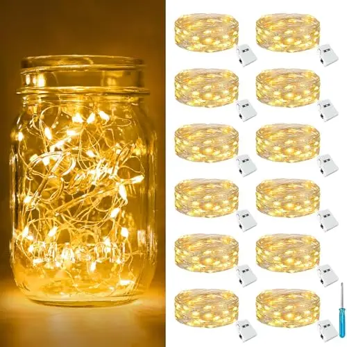 Lot de 12 Mini Guirlande LED à Pile, 2M 20LED 3 Modes Pile, IP65 Étanche Petite Guirlande Lumineuse Led Interieur Décoration pour Jardin, Chambre, Mariage, Fête, Noël, Blanc Chaud