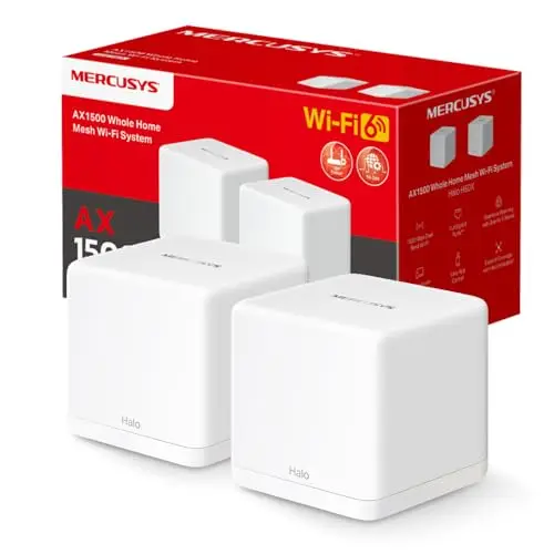 MERCUSYS TP-Link Halo H1500X(2-Pack) Routeur WiFi 6 Mesh AX1500Mbps, Couverture Jusqu'à 350 m², WiFi Mesh, Bi-Bande, Repeteur WiFi Puissant, 3 Ports Gigabit, Contrôle Parental, Brancher et Utiliser