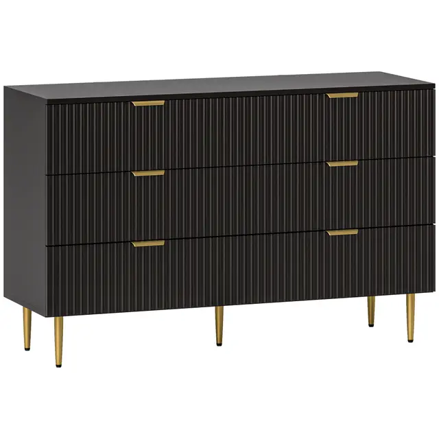 HOMCOM Commode 6 tiroirs Commode Chambre Meuble de Rangement Moderne avec poignées et Pieds dorés, pour Chambre à Coucher, Salon, dim. 120 x 40 x 76,5 cm, Noir