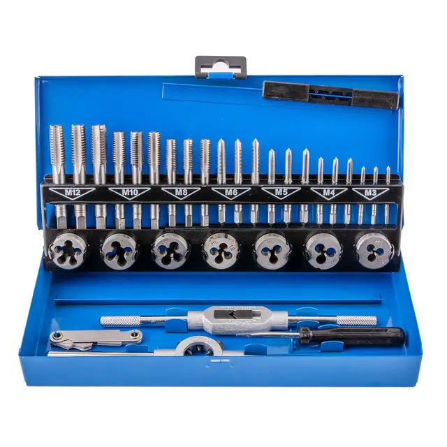 Gunpla Lot de 32 Tarauds et Filières Métriques en Alliage de Tungstène Robuste avec Etui de Rangement en Métal Bleu