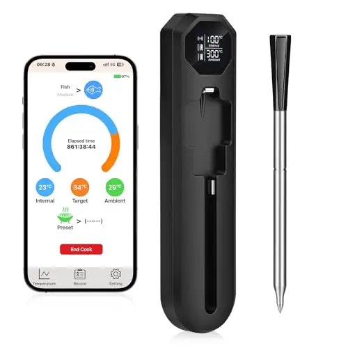 Dreamhigh® Thermomètre Cuisine Sans Fil, Thermomètre à Viande avec App, Précision de ±0,1 °C, portée de 150 M, Surveillance par Application avec Minuterie et Alarme, Idéal pour Four, Grill