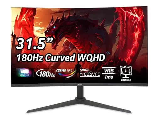 acer Nitro XZ322QUV3bmiiphx, Écran PC Gaming Incurvé 31.5" WQHD, 180Hz (Curve 1500R, 2560x1440, 16:9, AMD Freesync, 1ms (VRB), 400Nits, 2xHDMI 2.0/1xDP 1.4) Moniteur PC Curve, Pied Ajustable, Noir